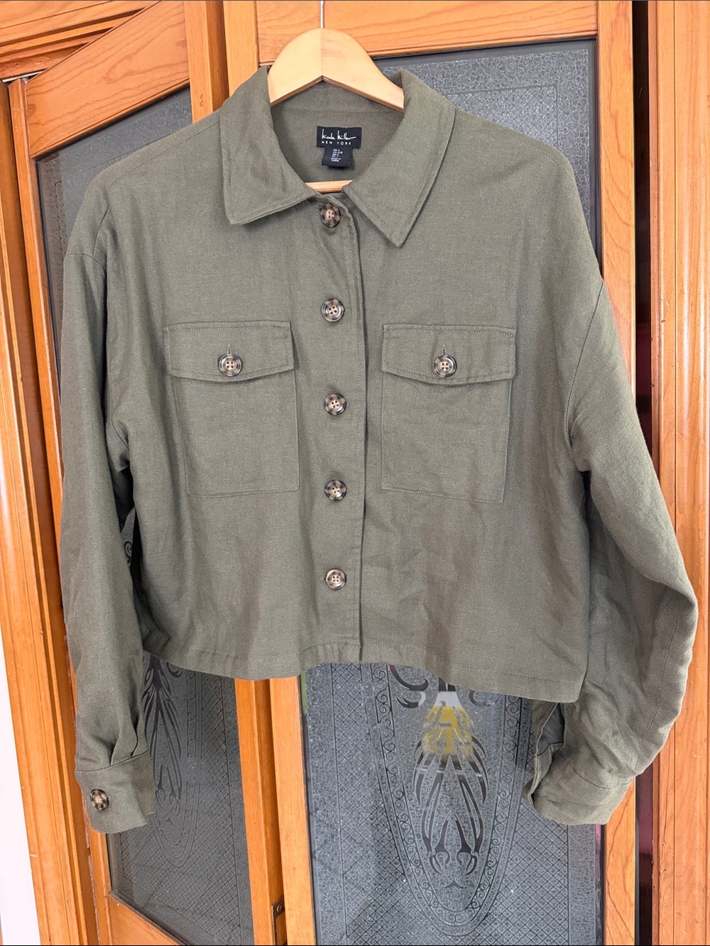 Nicole Miller Linen Olive Cropped Button-Front Jacket LG